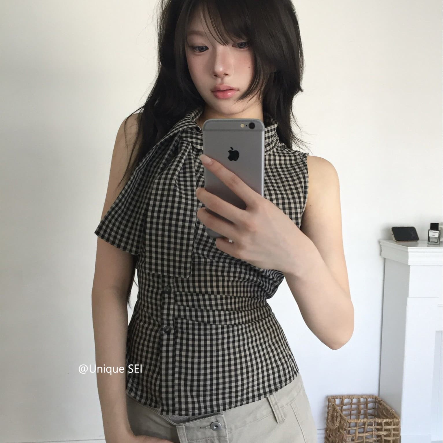 eihey 어 이봐 한 부서 레트로 체크무늬 나비 넥타이 허리 수축 주름 디자인 센스 슬림해 보이는 민소매 조끼 품격 맨위 이미지 5
