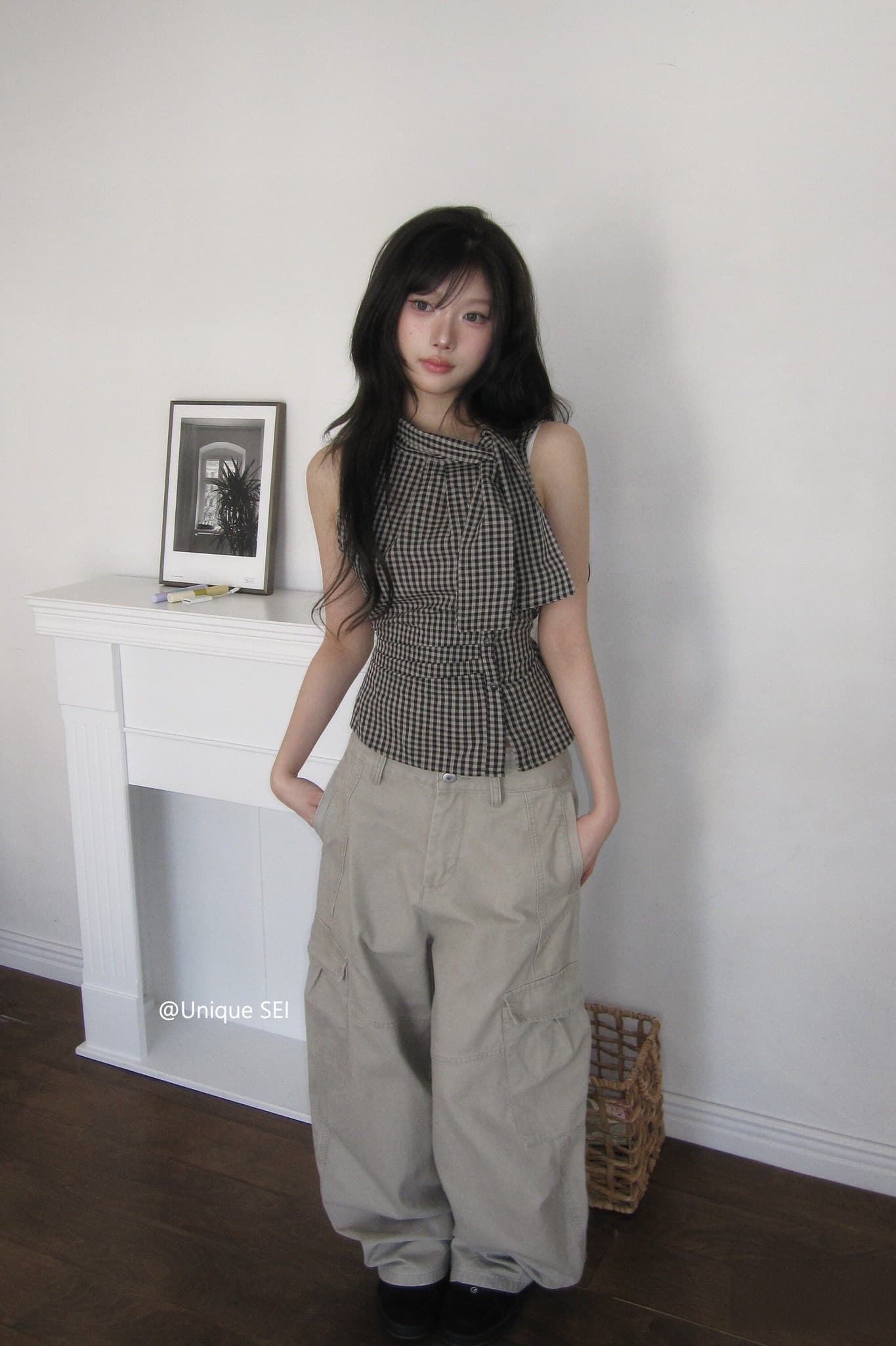 eihey 어 이봐 한 부서 레트로 체크무늬 나비 넥타이 허리 수축 주름 디자인 센스 슬림해 보이는 민소매 조끼 품격 맨위 상세 이미지 3