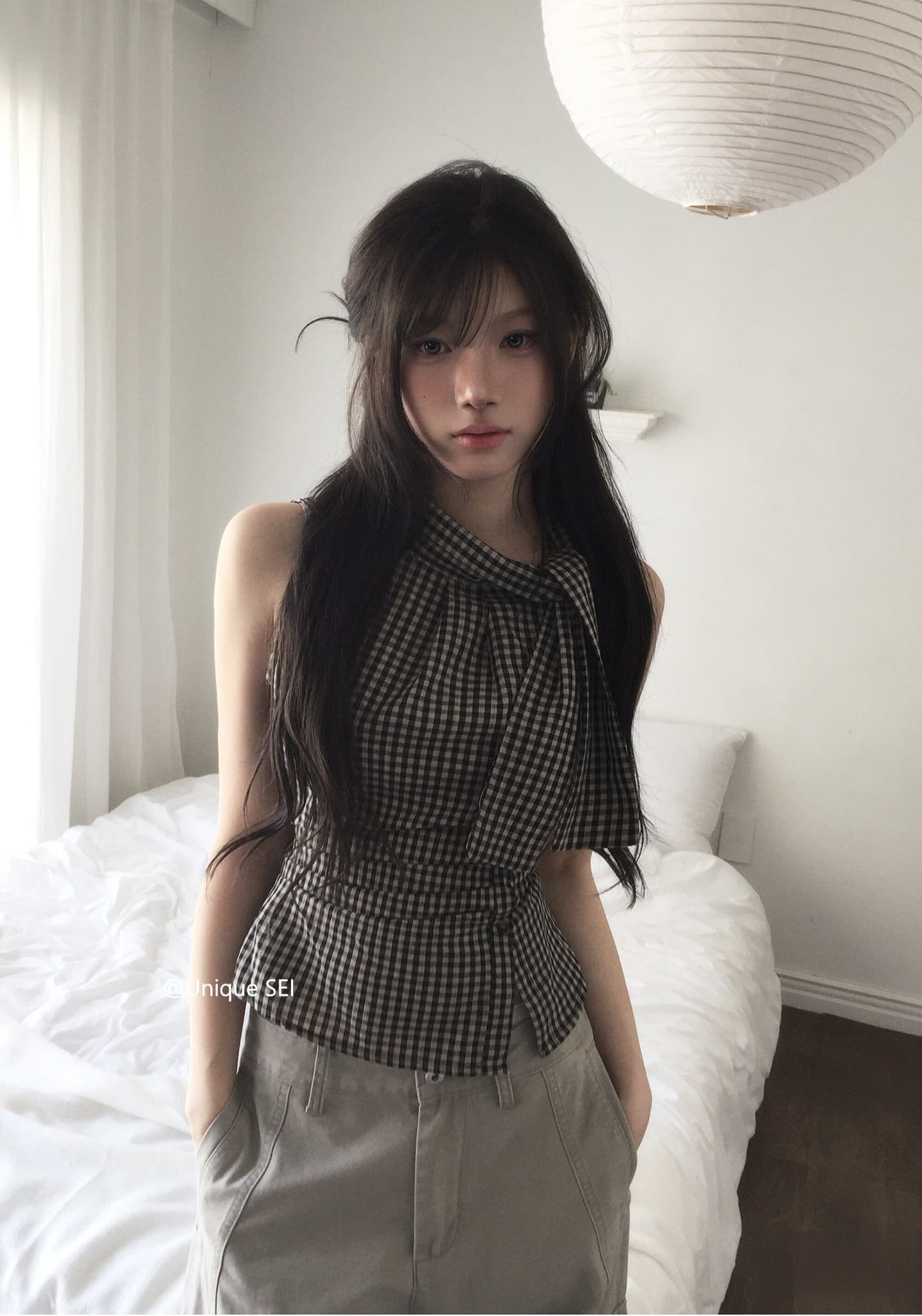 eihey 어 이봐 한 부서 레트로 체크무늬 나비 넥타이 허리 수축 주름 디자인 센스 슬림해 보이는 민소매 조끼 품격 맨위 상세 이미지 5