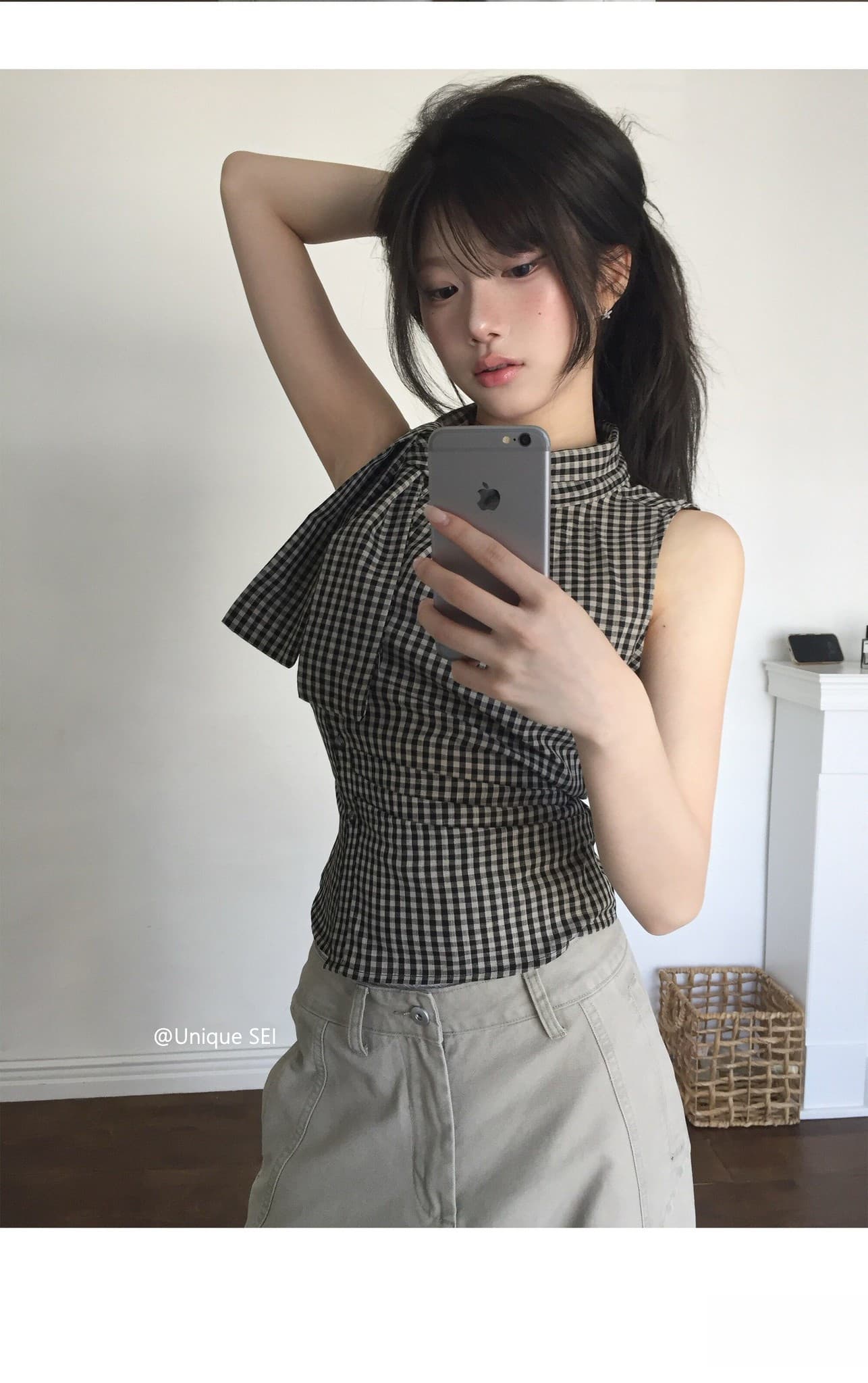 eihey 어 이봐 한 부서 레트로 체크무늬 나비 넥타이 허리 수축 주름 디자인 센스 슬림해 보이는 민소매 조끼 품격 맨위 상세 이미지 8