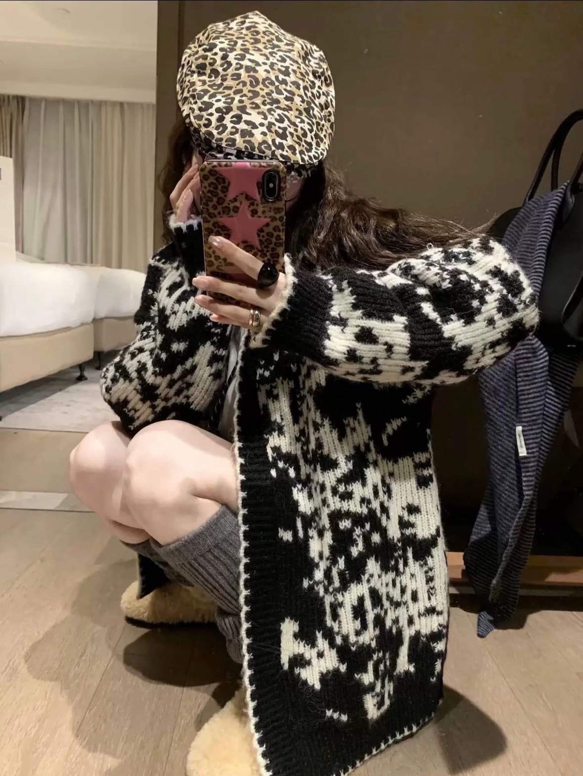 한 부서 작은 대중 헤일로 염색 자카드 스탠드 칼라 물결무늬 옆문 襟 니트 오픈 가디건 부드러운 찹쌀 다용도 분위기 센스 스웨터 코트