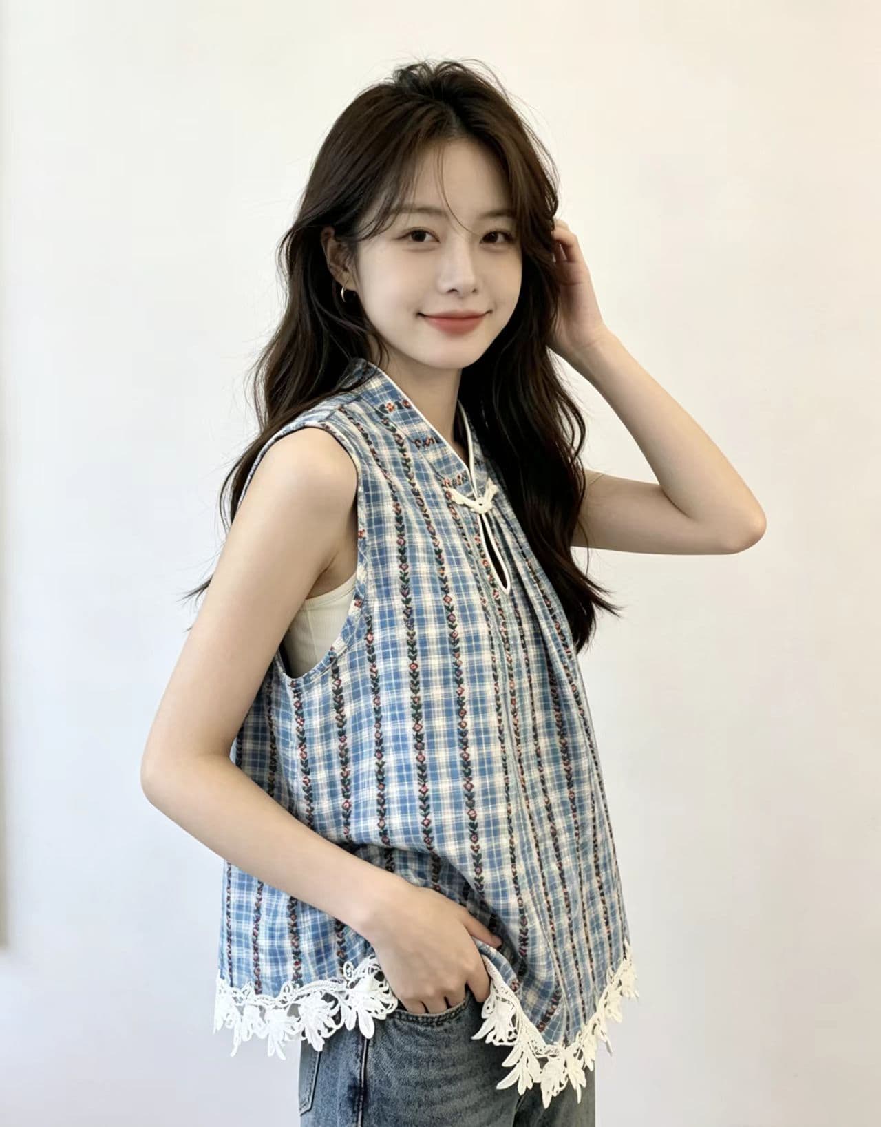 실사 여름 새로운 중식 프랑스식 레트로 체크무늬 여성 셔츠 민소매 레이스 조각 레이스 스탠드 칼라 루즈핏 맨위 이미지 4