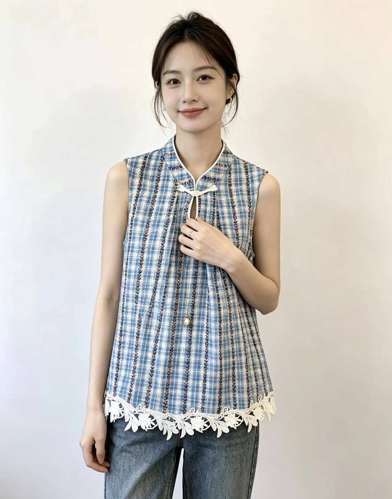 실사 여름 새로운 중식 프랑스식 레트로 체크무늬 여성 셔츠 민소매 레이스 조각 레이스 스탠드 칼라 루즈핏 맨위 이미지 2