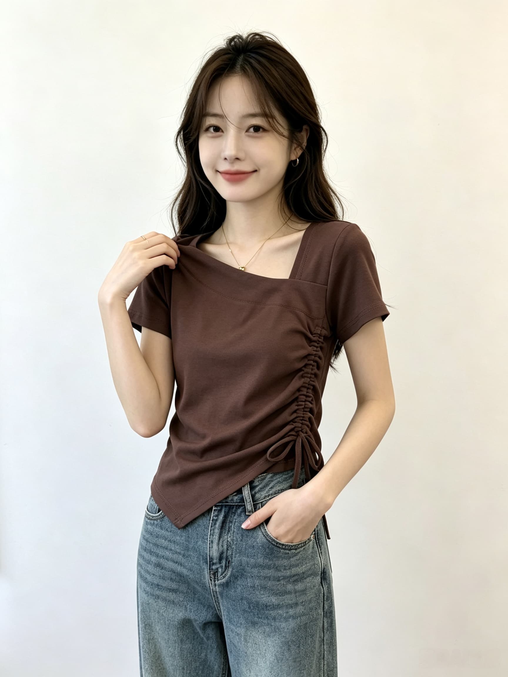 실사 불규칙 펌프 로프 허리 수축 밑단 반팔 티셔츠 여성 여름 몸매 가꾸기 기본 셔츠 작은 키 쇼트 스타일 맨위 이미지 2