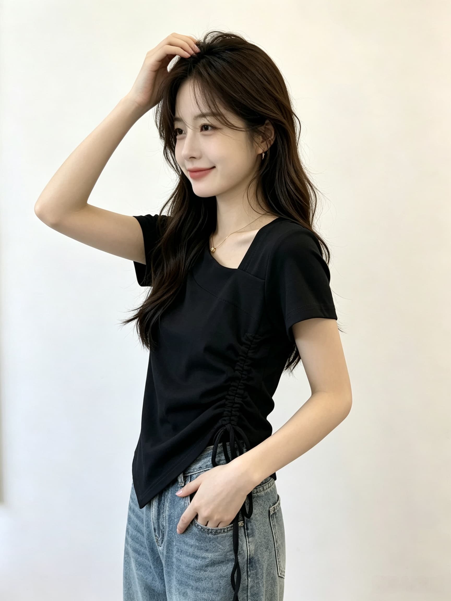 실사 불규칙 펌프 로프 허리 수축 밑단 반팔 티셔츠 여성 여름 몸매 가꾸기 기본 셔츠 작은 키 쇼트 스타일 맨위 상세 이미지 3