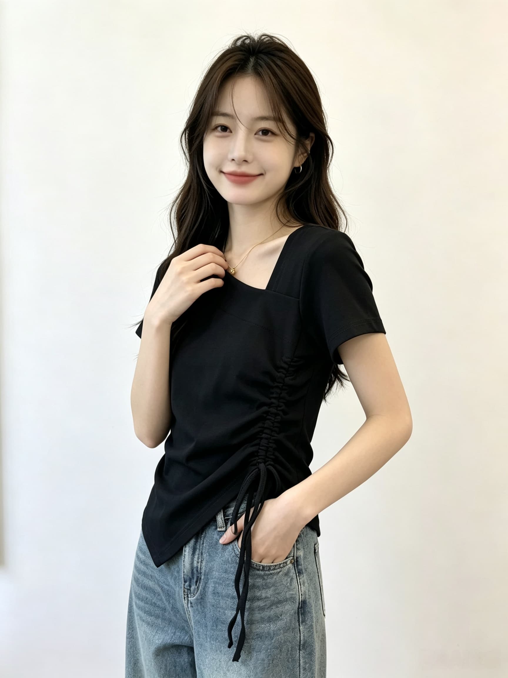 실사 불규칙 펌프 로프 허리 수축 밑단 반팔 티셔츠 여성 여름 몸매 가꾸기 기본 셔츠 작은 키 쇼트 스타일 맨위 상세 이미지 9