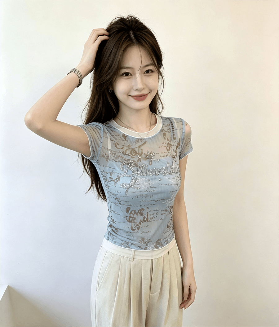 실사 한 부서 파란색 페이크 레이어드 쇼트 스타일 긍정적 인 어깨 반팔 티셔츠 여성 여름 몸매 가꾸기 작은 키 디자인 센스 맨위 상세 이미지 3