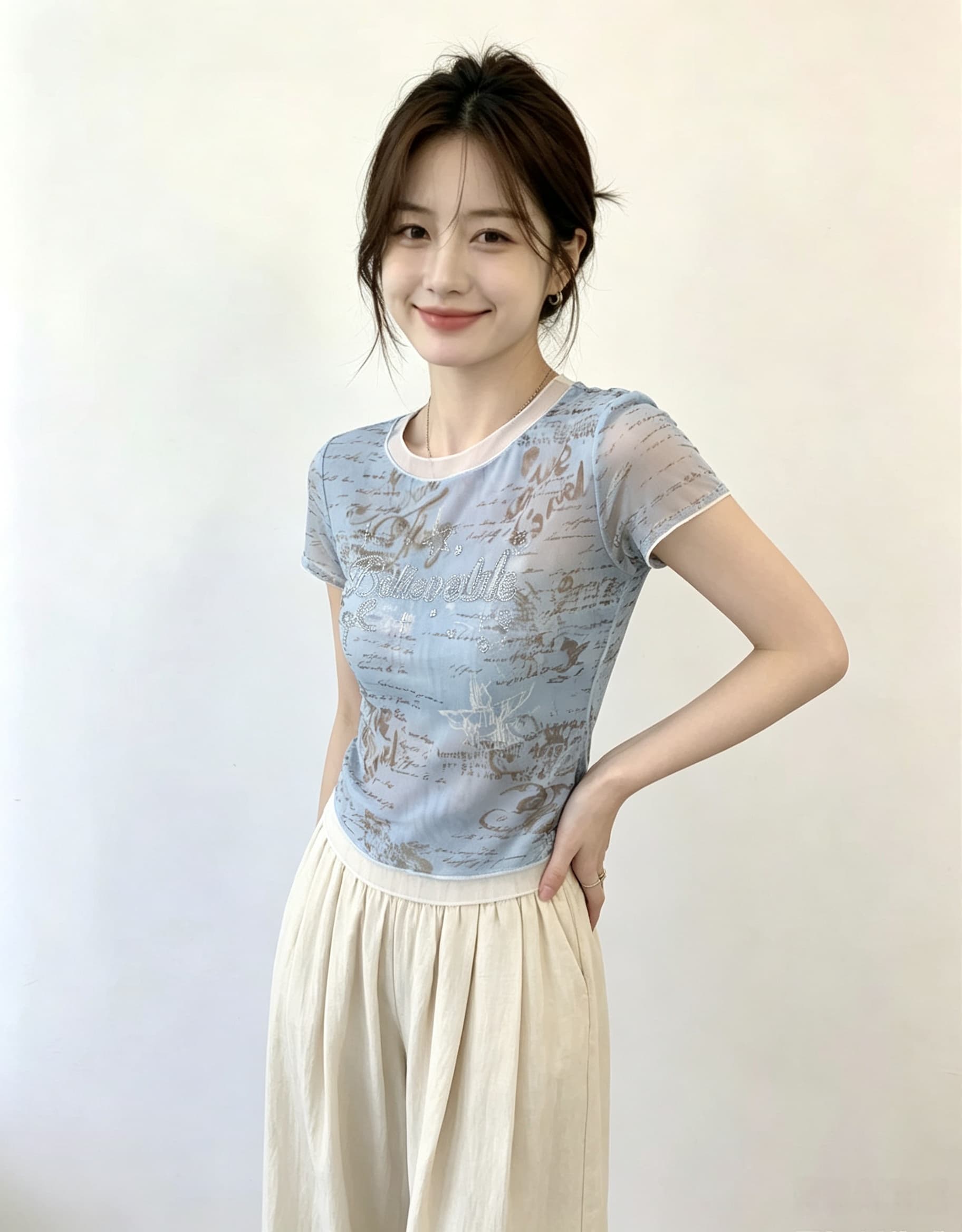 실사 한 부서 파란색 페이크 레이어드 쇼트 스타일 긍정적 인 어깨 반팔 티셔츠 여성 여름 몸매 가꾸기 작은 키 디자인 센스 맨위 상세 이미지 4