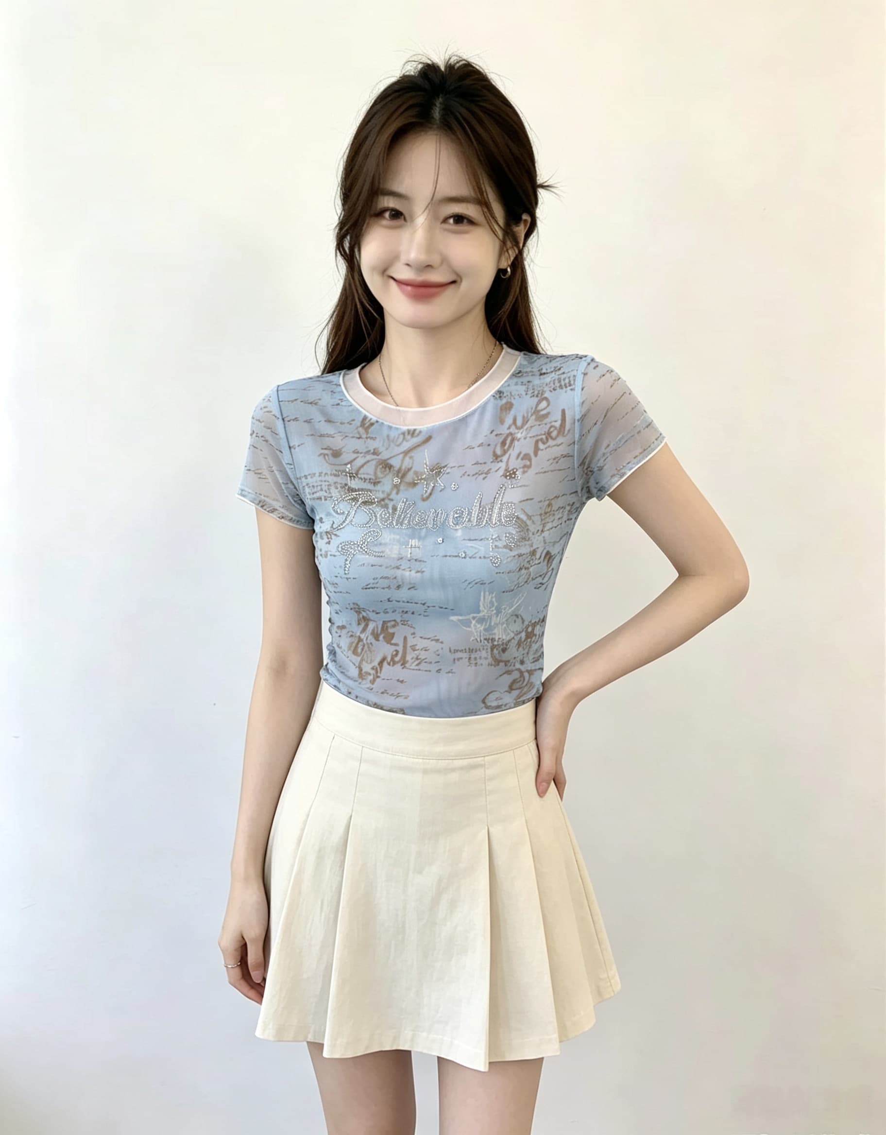 실사 한 부서 파란색 페이크 레이어드 쇼트 스타일 긍정적 인 어깨 반팔 티셔츠 여성 여름 몸매 가꾸기 작은 키 디자인 센스 맨위 상세 이미지 5