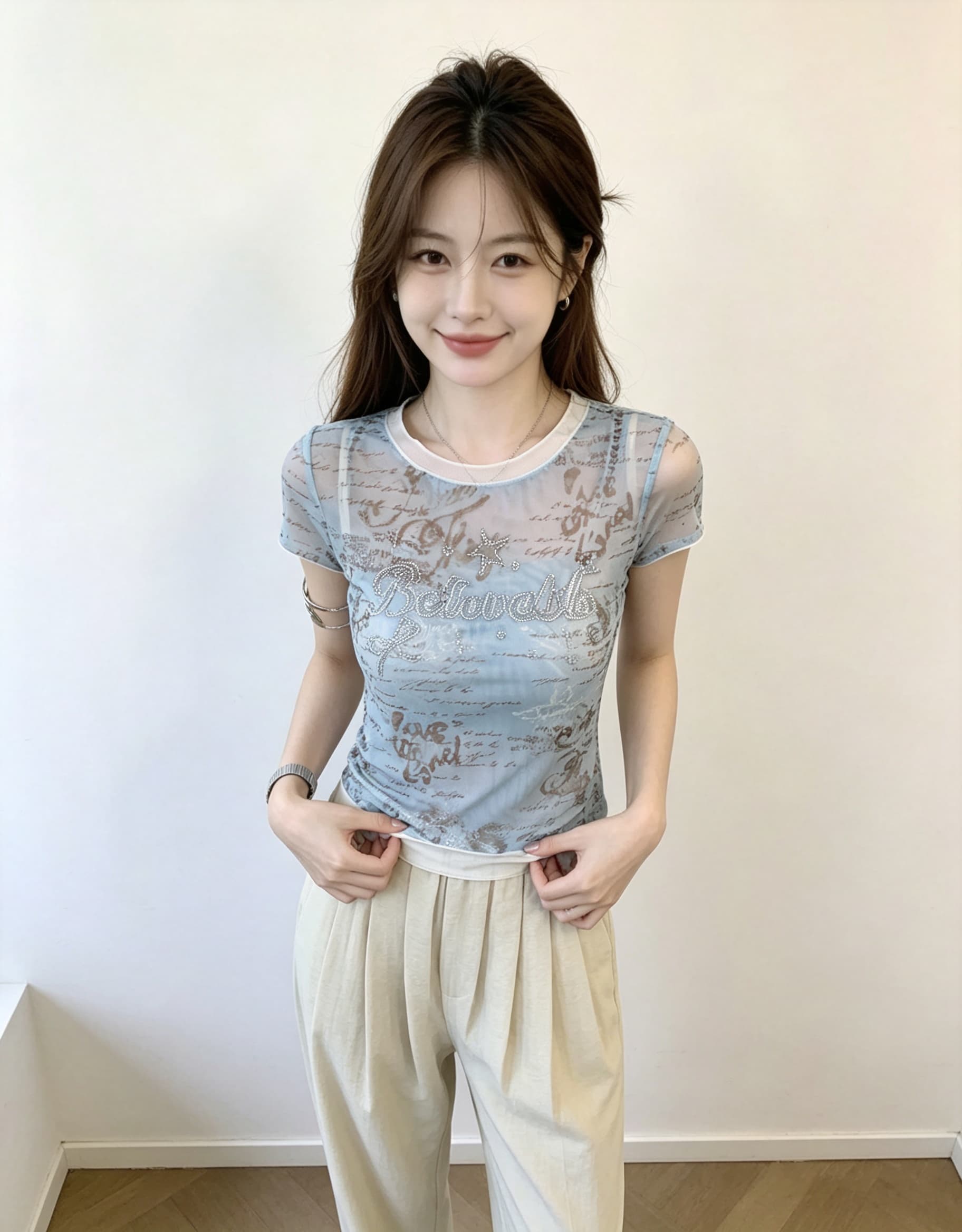 실사 한 부서 파란색 페이크 레이어드 쇼트 스타일 긍정적 인 어깨 반팔 티셔츠 여성 여름 몸매 가꾸기 작은 키 디자인 센스 맨위 상세 이미지 8