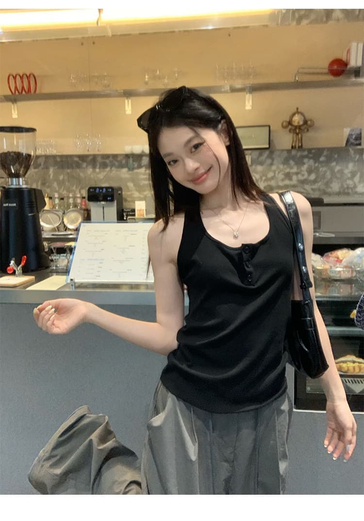 송 긍정적 인 En 파란색 캐미솔 여름 외출용 백리스 디자인 센스 핫걸 착용 가져 가라. 아름다운 민소매 행침 목 맨위 상세 이미지 5