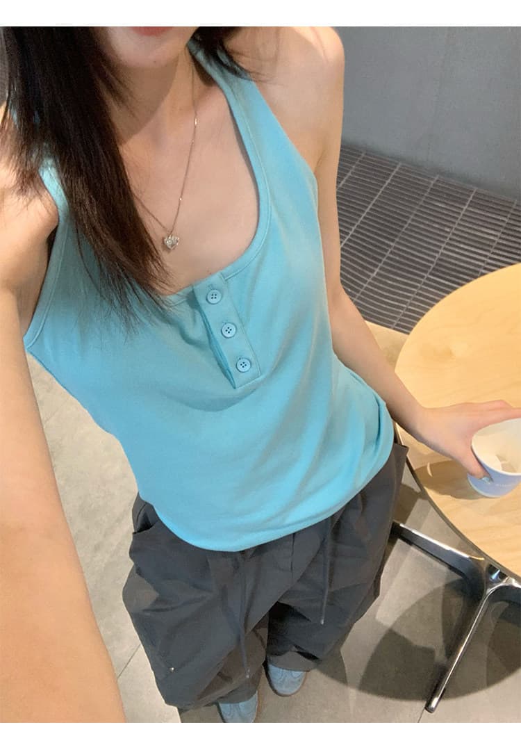 송 긍정적 인 En 파란색 캐미솔 여름 외출용 백리스 디자인 센스 핫걸 착용 가져 가라. 아름다운 민소매 행침 목 맨위 상세 이미지 27