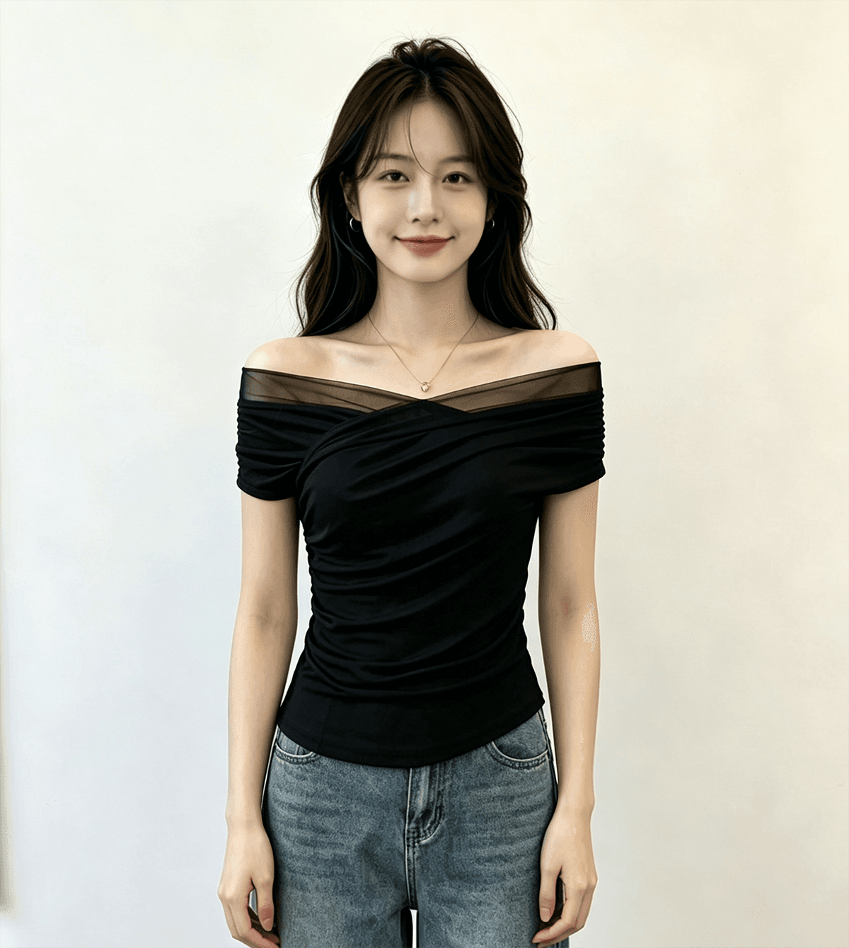 실사 여름 새로운 프랑스식 순수한 욕망 바람 십자가 망사 디자인 오프숄더 몸매 가꾸기 슬림해 보이는 티셔츠 맨위 다용도 이미지 3