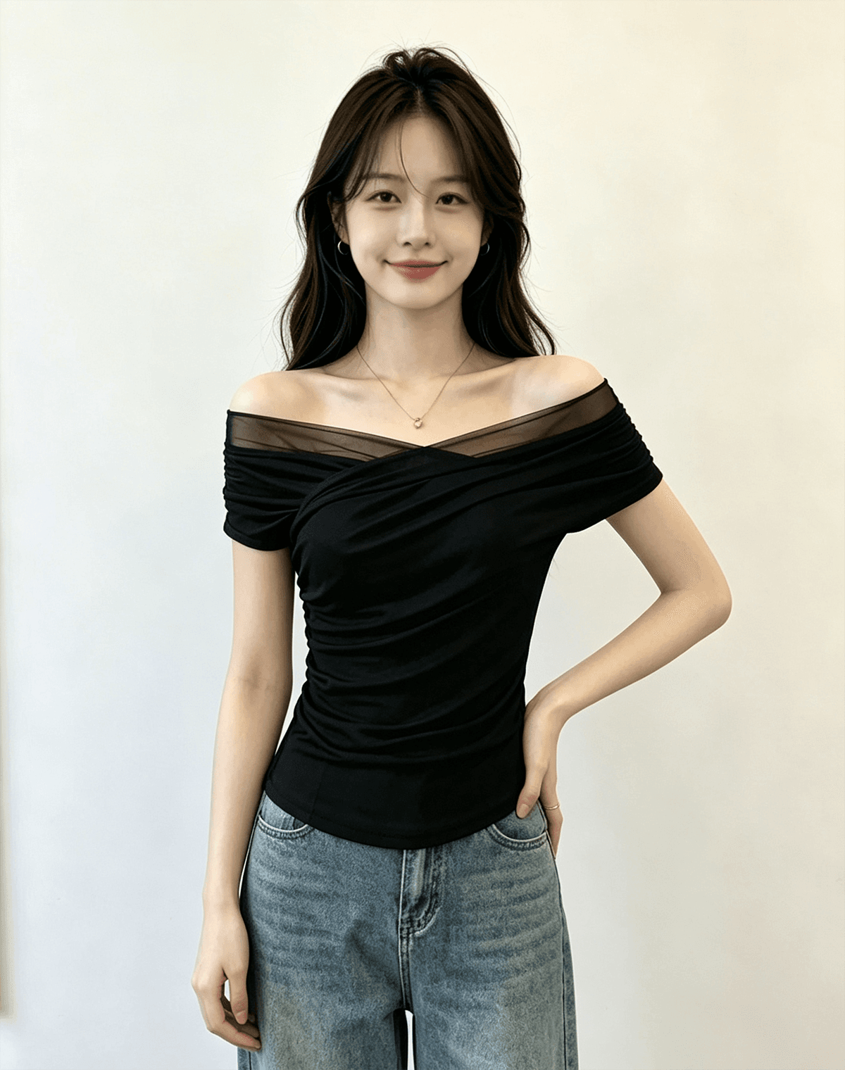 실사 여름 새로운 프랑스식 순수한 욕망 바람 십자가 망사 디자인 오프숄더 몸매 가꾸기 슬림해 보이는 티셔츠 맨위 다용도 상세 이미지 3