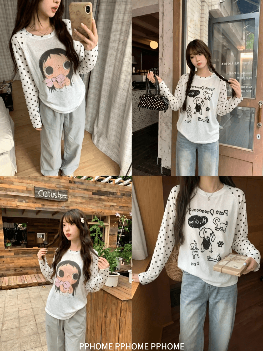 pphome 직접 만든 소녀 애정 얇은 스타일 블라우스 긴팔 티셔츠 여성 재미있는 프린트 느긋한 루즈핏 맨위 여름 이미지 4