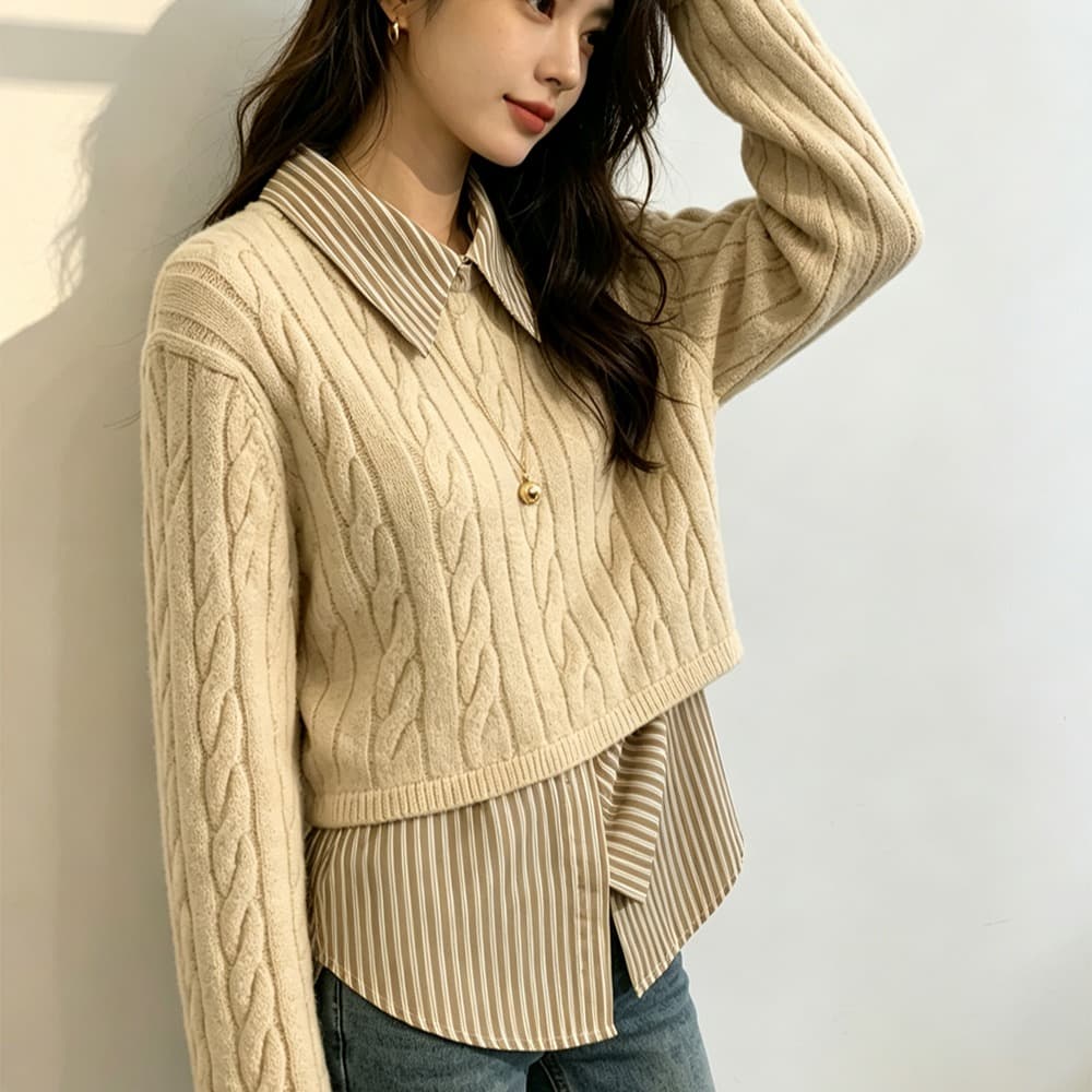실사 가을 겨울 풀오버 외출용 스웨터 셔츠 패치워크 페이크 레이어드 맨위 여성 패션 외국 가스 디자인 센스 작은 대중 이미지 5