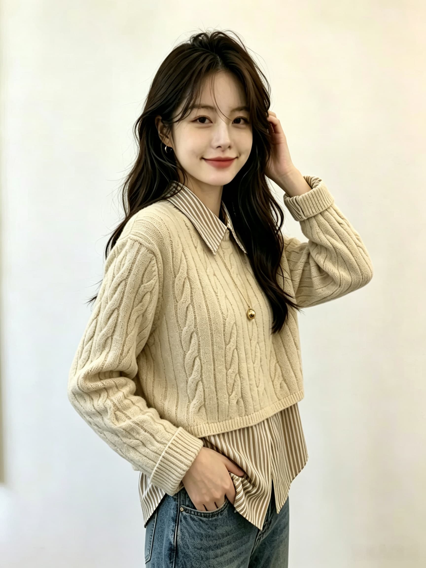실사 가을 겨울 풀오버 외출용 스웨터 셔츠 패치워크 페이크 레이어드 맨위 여성 패션 외국 가스 디자인 센스 작은 대중 상세 이미지 3