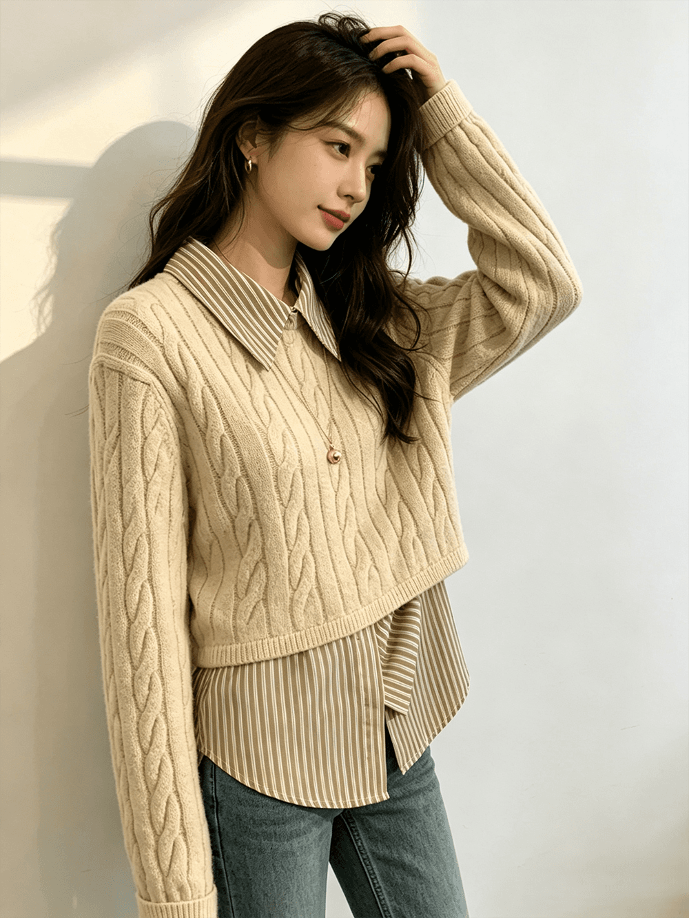 실사 가을 겨울 풀오버 외출용 스웨터 셔츠 패치워크 페이크 레이어드 맨위 여성 패션 외국 가스 디자인 센스 작은 대중 상세 이미지 4