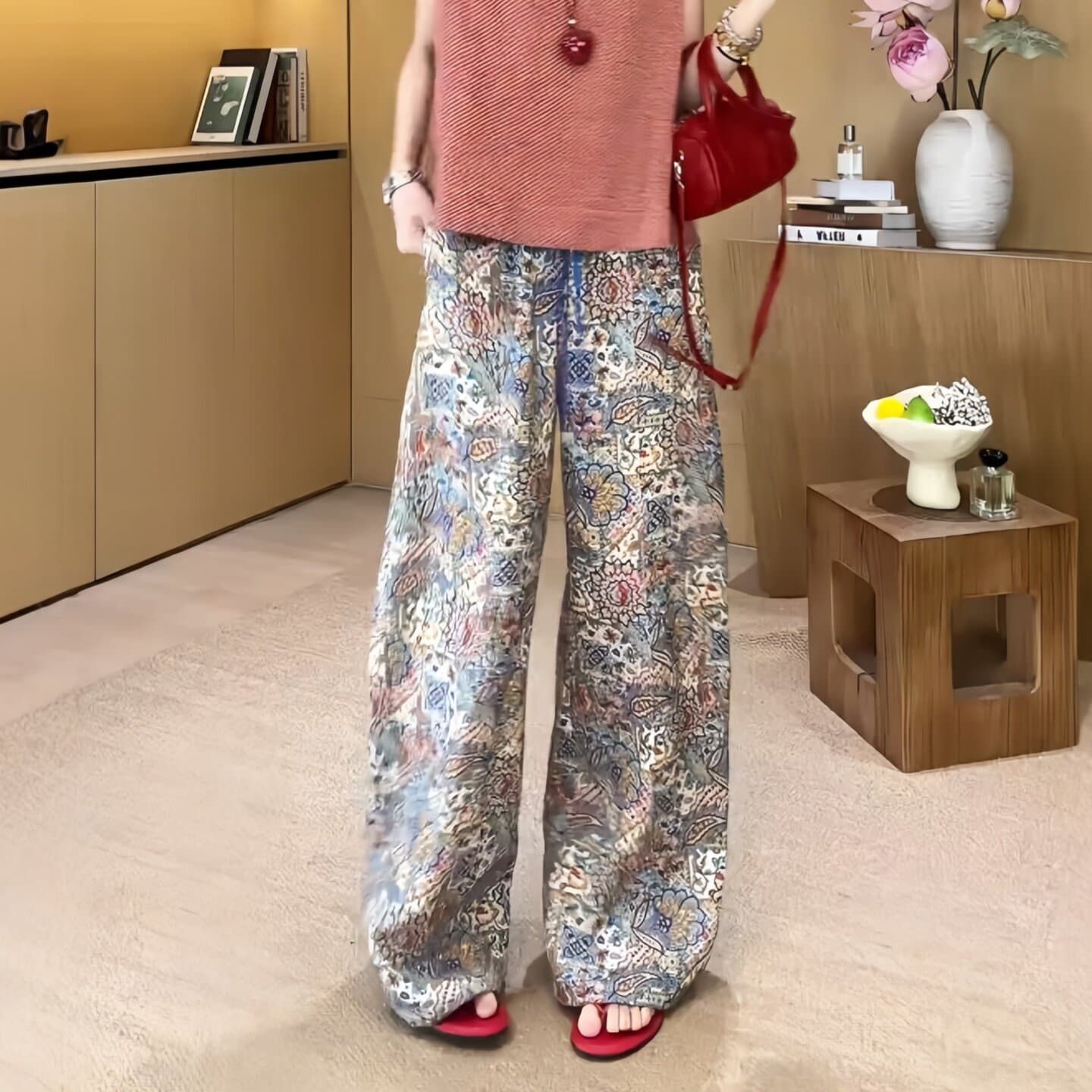 한국 스타일 디자인 센스 작은 대중 레트로 프린트 와이드 레깅스 바지 허리밴드 슬림해 보이는 느긋한 바람 캐주얼 바지 스트레이트 팬츠 트렌디 상세 이미지 5