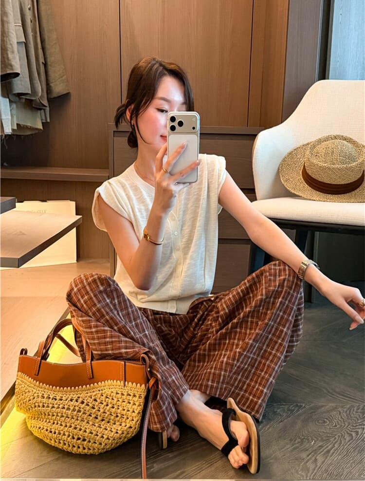 한 부서 레트로 펌프 로프 허리밴드 체크무늬 와이드 레깅스 바지 2026 새로운 외국 가스 루즈핏 캐주얼 롱 바지 상세 이미지 12