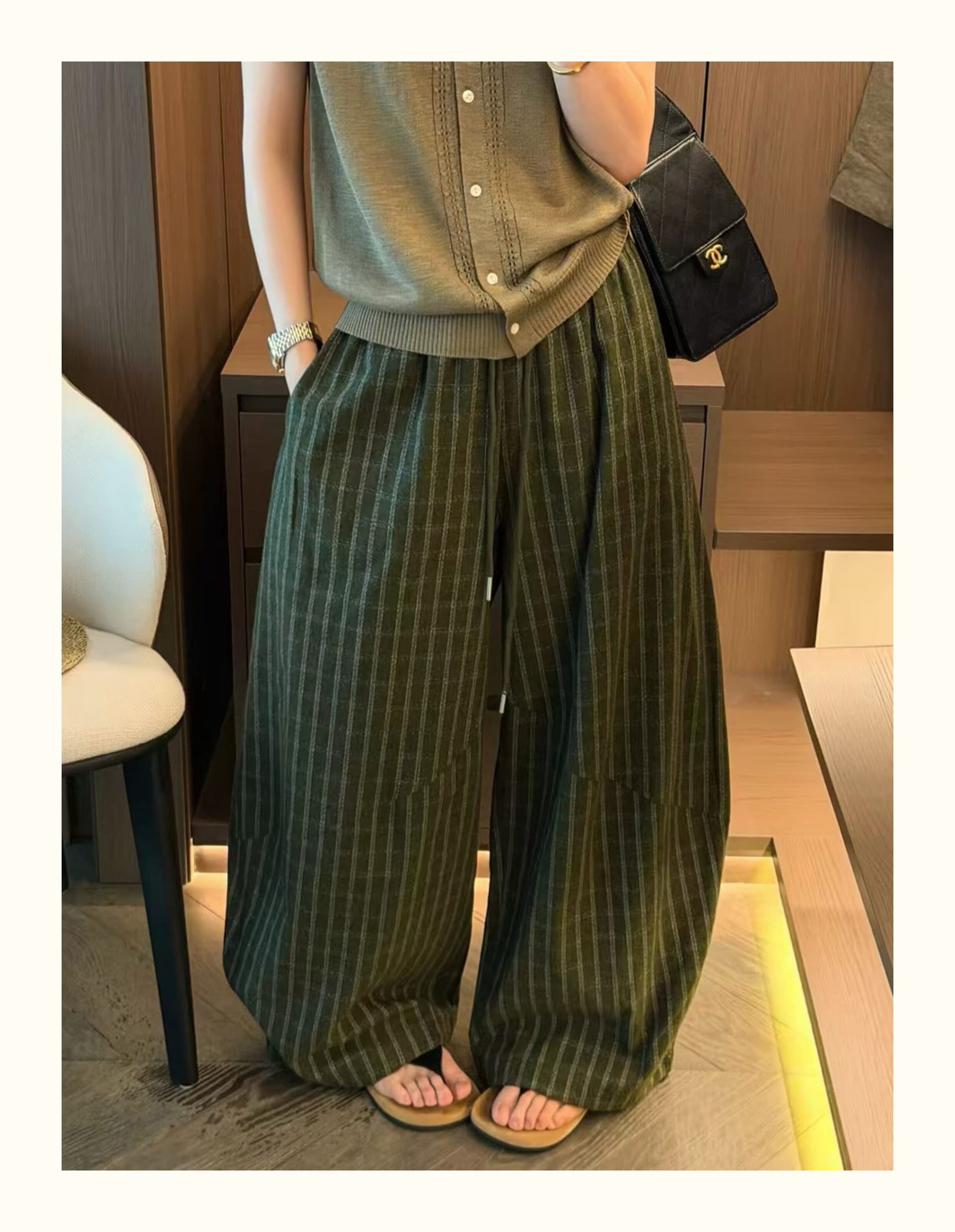 레트로 파란색 체크무늬 모통이 칼 와이드 레깅스 바지 여름 얇은 스타일 2026 새로운 느긋한 바람 면 루즈핏 캐주얼 긴 바지 상세 이미지 5