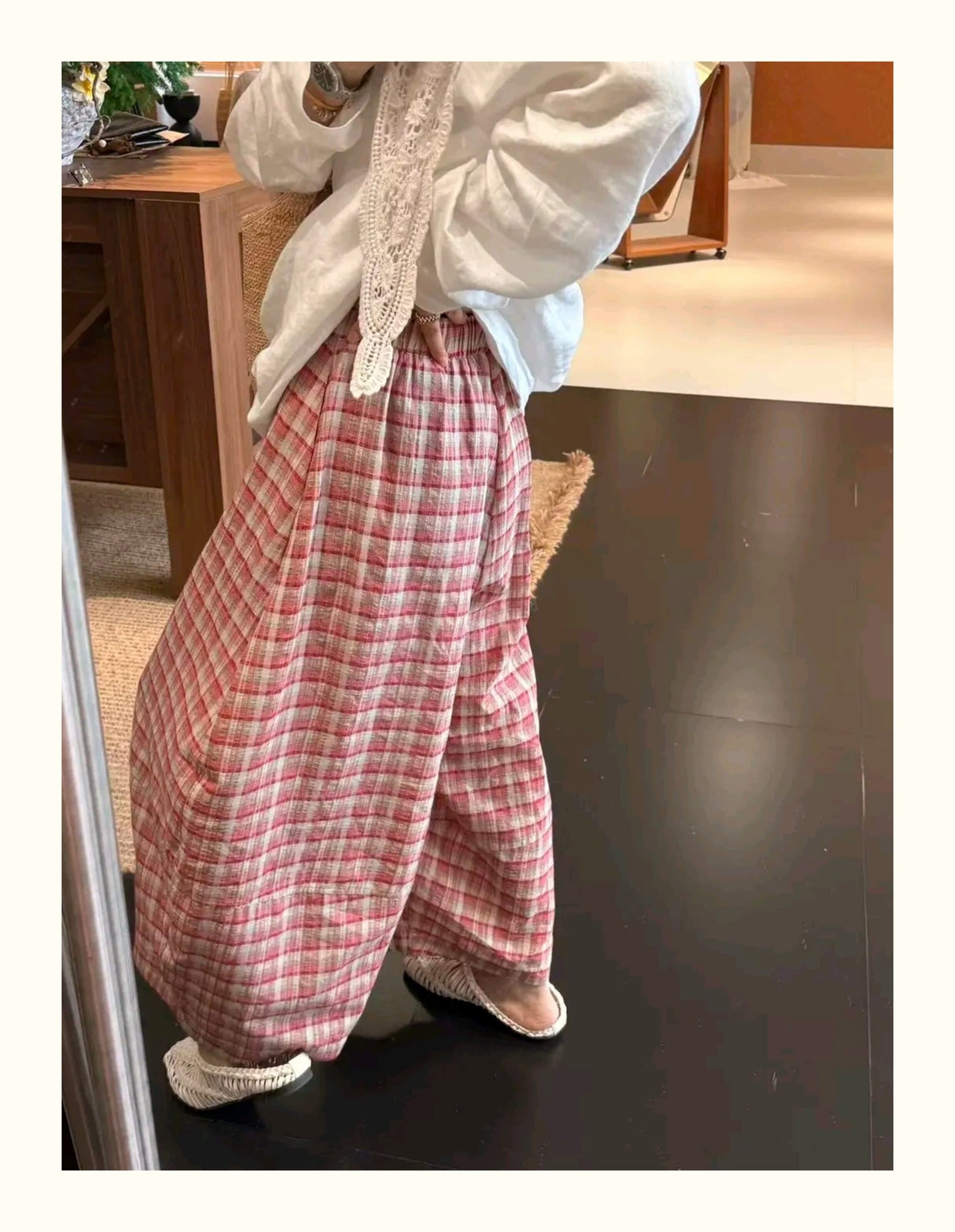 레트로 파란색 체크무늬 모통이 칼 와이드 레깅스 바지 여름 얇은 스타일 2026 새로운 느긋한 바람 면 루즈핏 캐주얼 긴 바지 상세 이미지 6