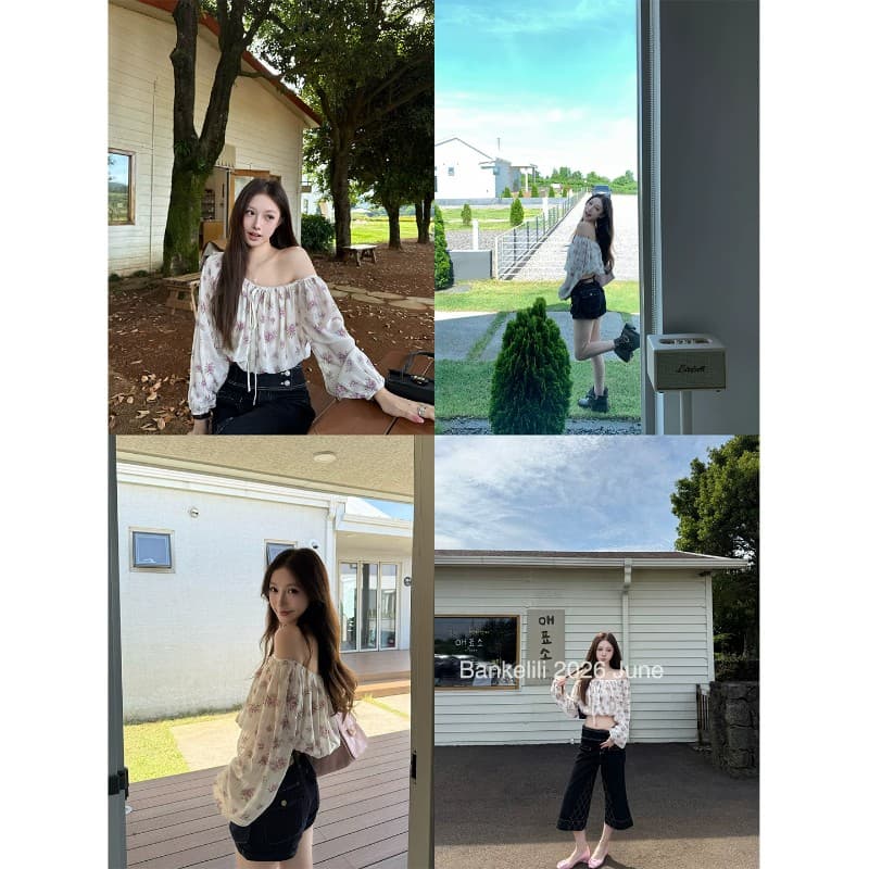 밤나무 코코아 bankelili rl 중년 꽃무늬 오프숄더 펌프 로프 꽃무늬 슬림해 보이는 연령 감소 여성 셔츠 여름 이미지 3