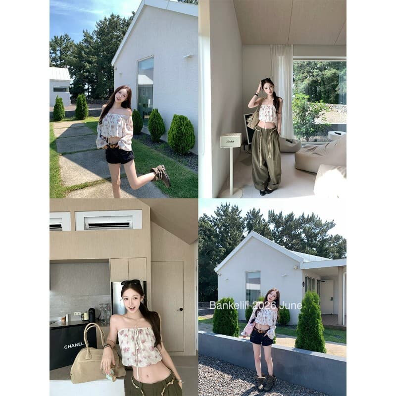 밤나무 코코아 bankelili rl 중년 꽃무늬 오프숄더 펌프 로프 꽃무늬 슬림해 보이는 연령 감소 여성 셔츠 여름 이미지 4