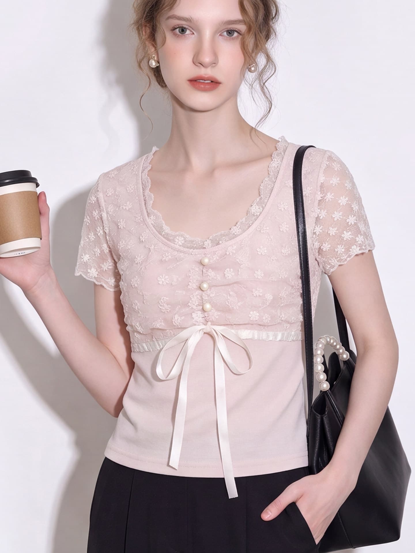 작은 키 핑크색 u 칼라 레이스 긍정적 인 어깨 반팔 티셔츠 여성 여름 자이언트 잘 생긴 ~ 중 디자인 센스 몸매 가꾸기 쇼트 스타일 맨위