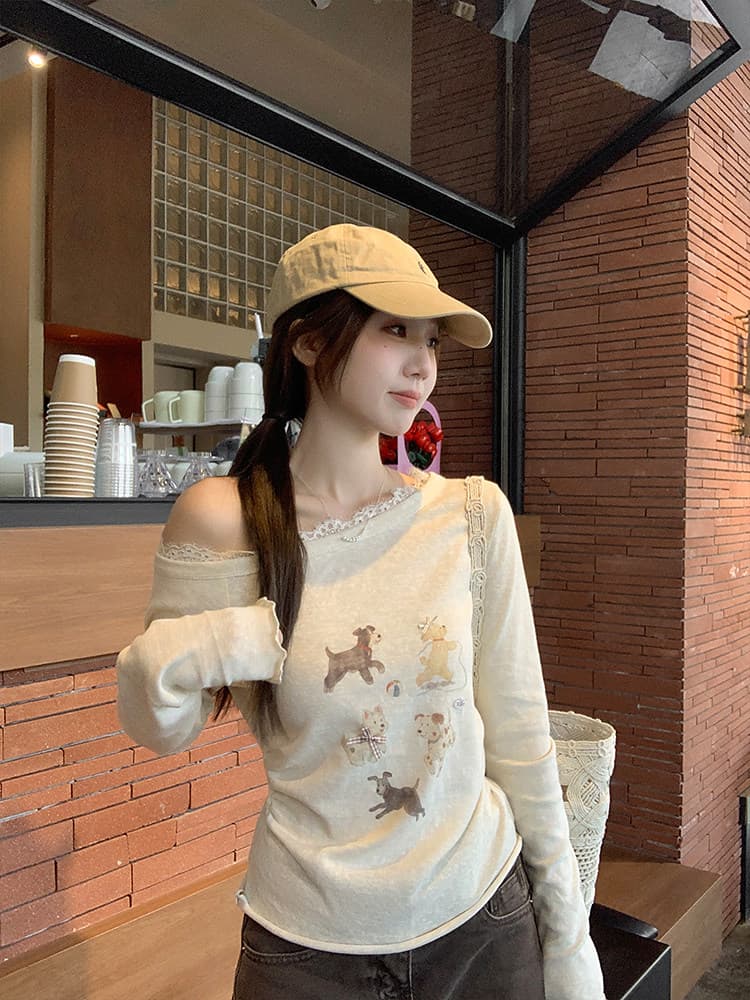 우 77 한 부서 달콤함 비스듬한 어깨 만화 프린트 긴팔 티셔츠 여성 봄 가을 디자인 센스 고유 한 슈퍼 잘 생긴 ~ 중 맨위 상세 이미지 2