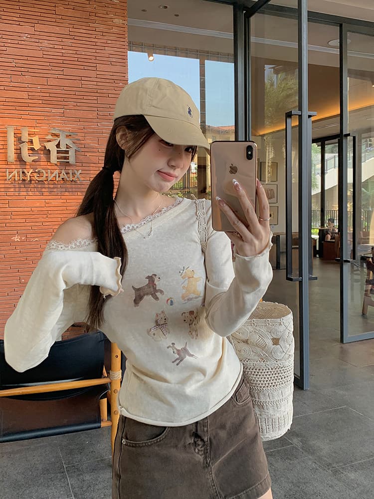 우 77 한 부서 달콤함 비스듬한 어깨 만화 프린트 긴팔 티셔츠 여성 봄 가을 디자인 센스 고유 한 슈퍼 잘 생긴 ~ 중 맨위 상세 이미지 3