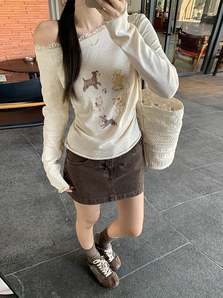 우 77 한 부서 달콤함 비스듬한 어깨 만화 프린트 긴팔 티셔츠 여성 봄 가을 디자인 센스 고유 한 슈퍼 잘 생긴 ~ 중 맨위 상세 이미지 6