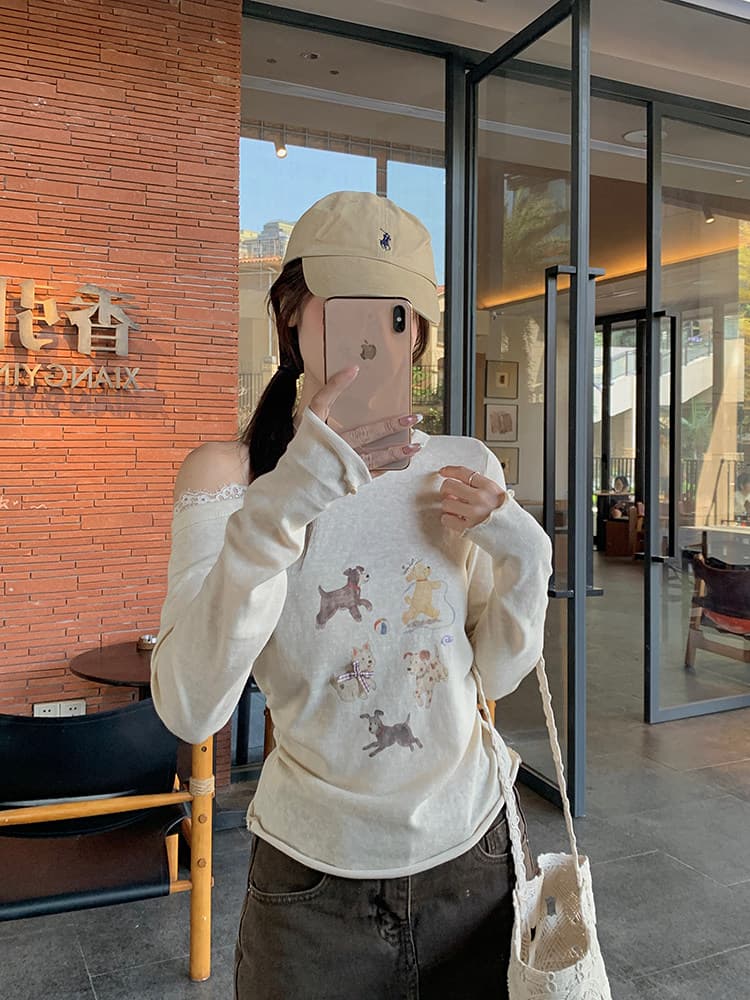 우 77 한 부서 달콤함 비스듬한 어깨 만화 프린트 긴팔 티셔츠 여성 봄 가을 디자인 센스 고유 한 슈퍼 잘 생긴 ~ 중 맨위 상세 이미지 8