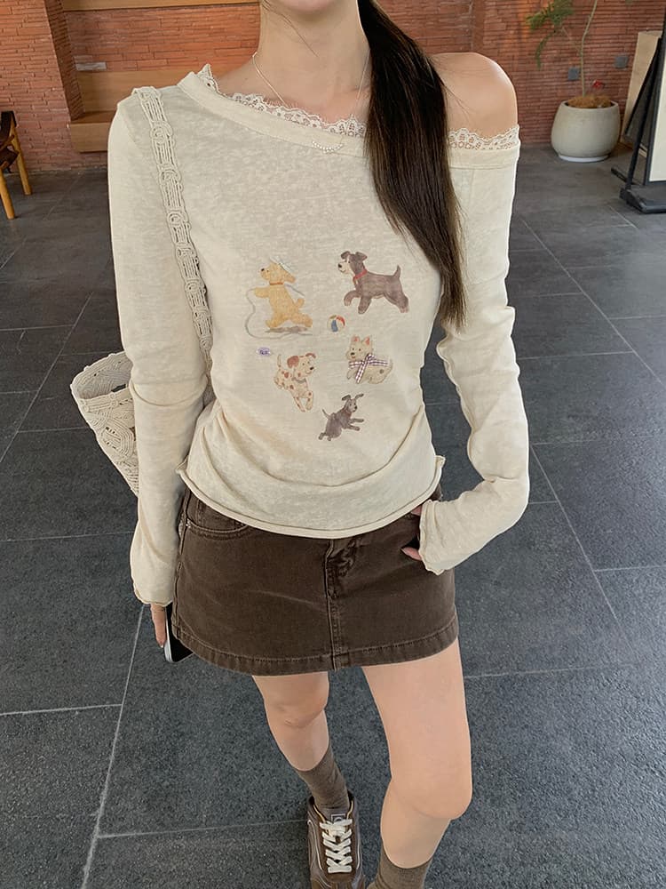 우 77 한 부서 달콤함 비스듬한 어깨 만화 프린트 긴팔 티셔츠 여성 봄 가을 디자인 센스 고유 한 슈퍼 잘 생긴 ~ 중 맨위 상세 이미지 13