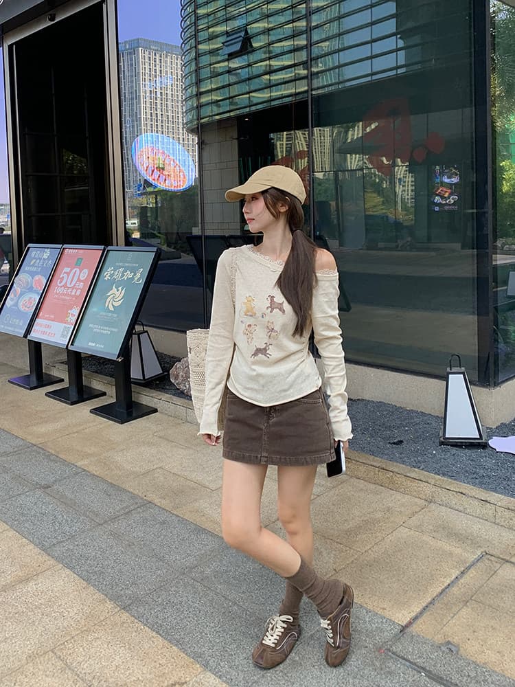 우 77 한 부서 달콤함 비스듬한 어깨 만화 프린트 긴팔 티셔츠 여성 봄 가을 디자인 센스 고유 한 슈퍼 잘 생긴 ~ 중 맨위 상세 이미지 16