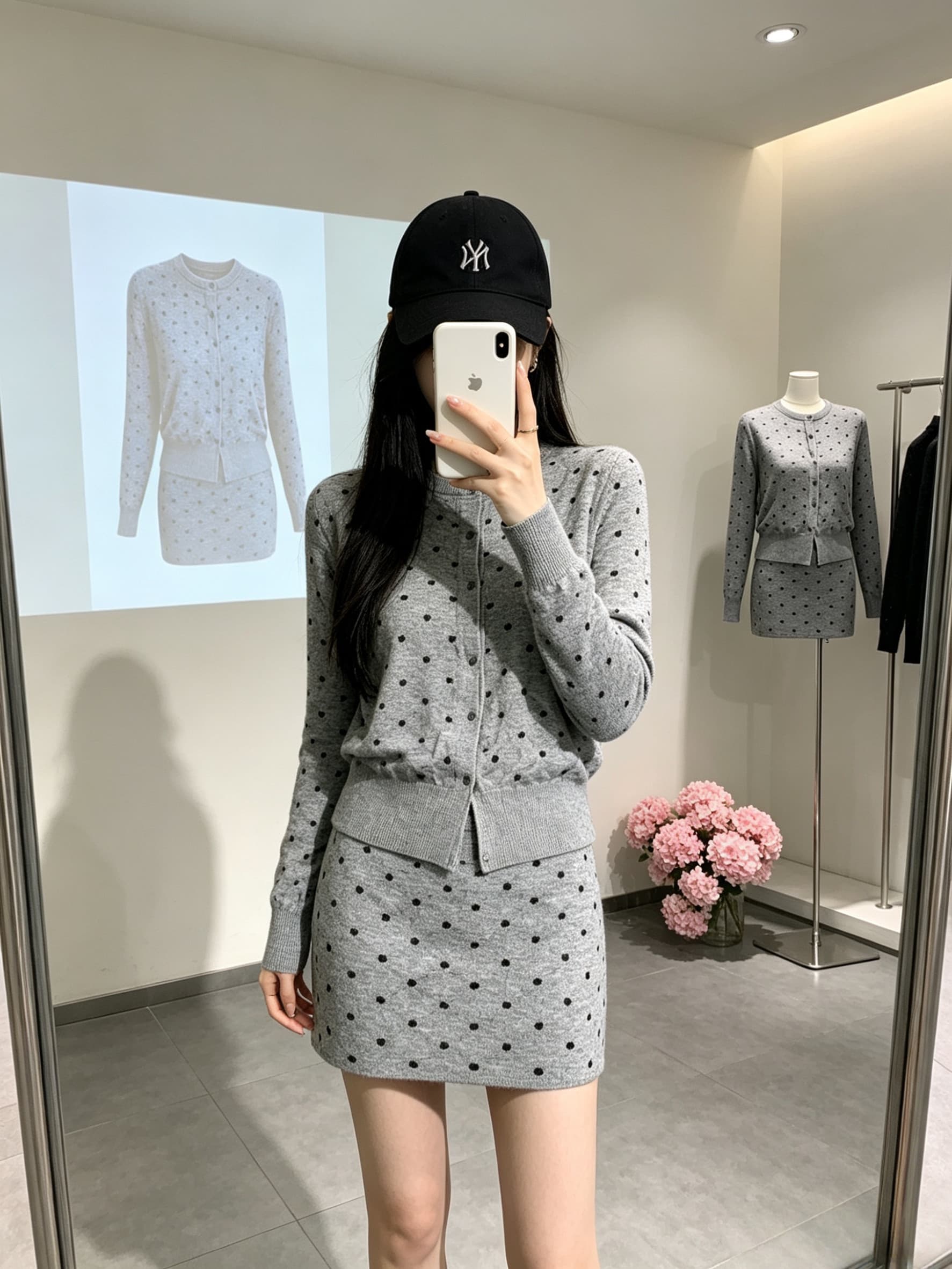 프랑스식 작은 도트 무늬 니트 세트 부드러운 찹쌀 라운드 넥 오픈 가디건 하이웨이스트 타이트 스커트 품격 투피스 세트 2026 새로운 여성 이미지 2