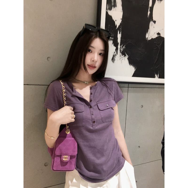작은 6 월 6 월 브리트니 c 조금 스키니 t 세부 사항 전체 점수 3 차원 워크웨어 주머니 슬림해 보이는 마이크로 허리 수축 반팔 티셔츠