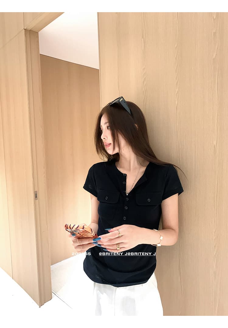 작은 6 월 6 월 브리트니 c 조금 스키니 t 세부 사항 전체 점수 3 차원 워크웨어 주머니 슬림해 보이는 마이크로 허리 수축 반팔 티셔츠 상세 이미지 6