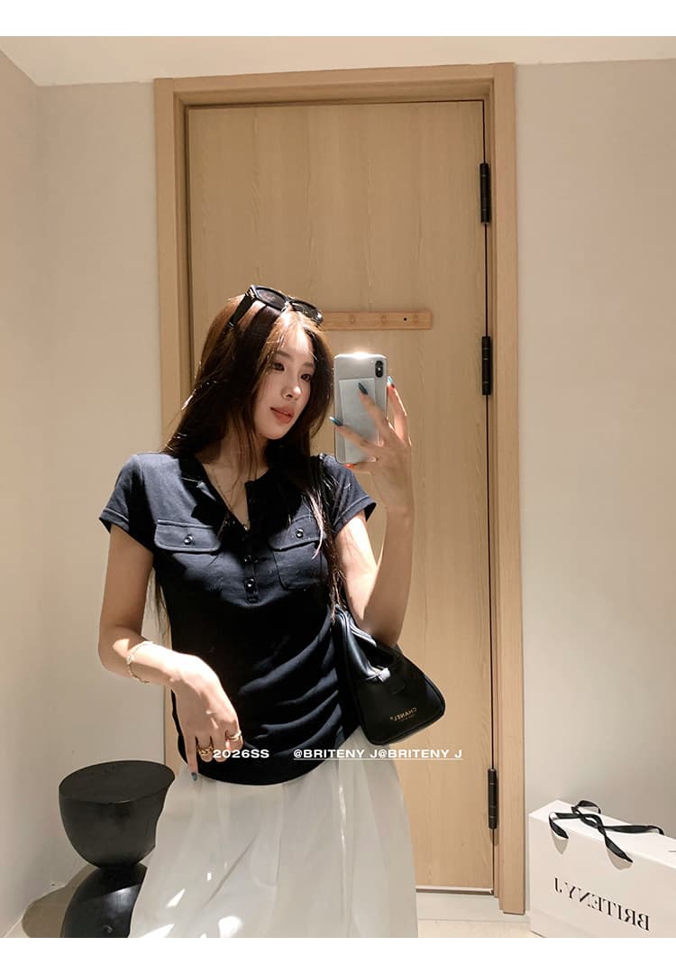 작은 6 월 6 월 브리트니 c 조금 스키니 t 세부 사항 전체 점수 3 차원 워크웨어 주머니 슬림해 보이는 마이크로 허리 수축 반팔 티셔츠 상세 이미지 9