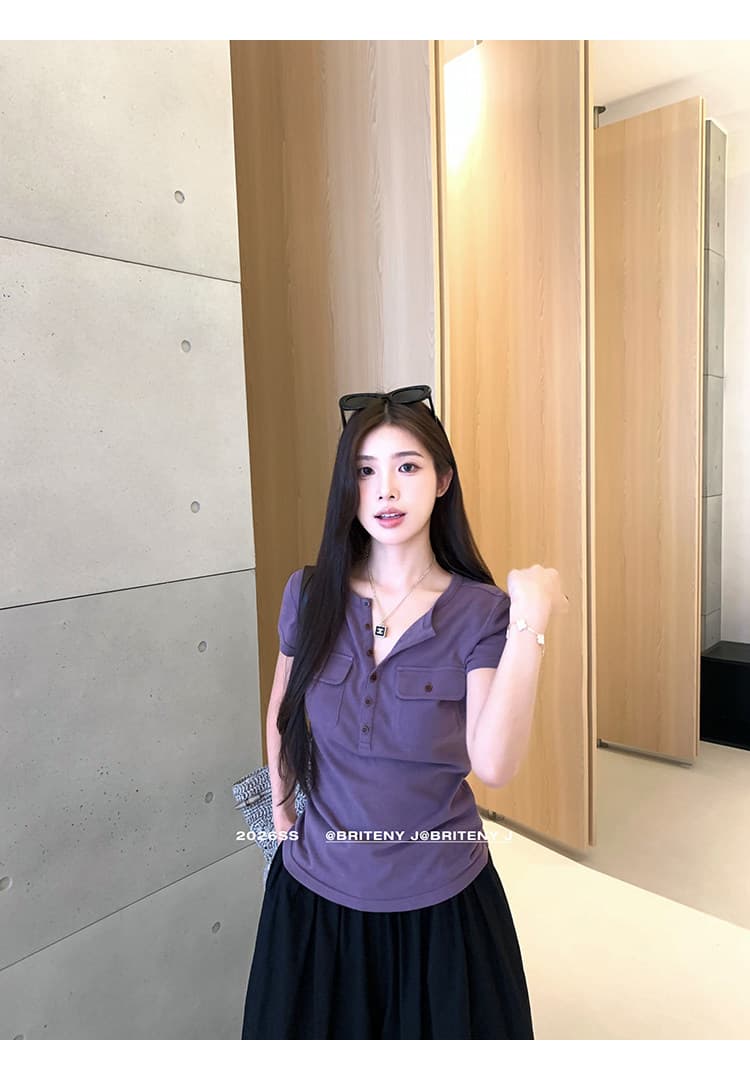 작은 6 월 6 월 브리트니 c 조금 스키니 t 세부 사항 전체 점수 3 차원 워크웨어 주머니 슬림해 보이는 마이크로 허리 수축 반팔 티셔츠 상세 이미지 15