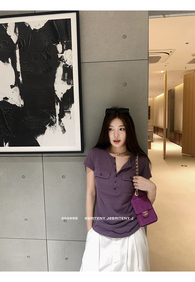 작은 6 월 6 월 브리트니 c 조금 스키니 t 세부 사항 전체 점수 3 차원 워크웨어 주머니 슬림해 보이는 마이크로 허리 수축 반팔 티셔츠 상세 이미지 36