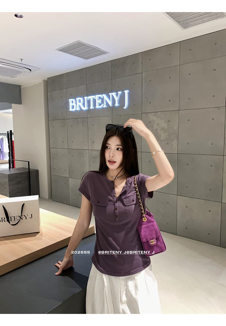 작은 6 월 6 월 브리트니 c 조금 스키니 t 세부 사항 전체 점수 3 차원 워크웨어 주머니 슬림해 보이는 마이크로 허리 수축 반팔 티셔츠 상세 이미지 37