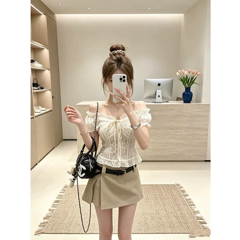 한 스타일 순수한 욕망 바람 오프숄더 거품 소매 레이스 셔츠 여성 여름 몸매 가꾸기 슬림해 보이는 섹시함 달콤함 스트랩 자수 맨위 이미지 2
