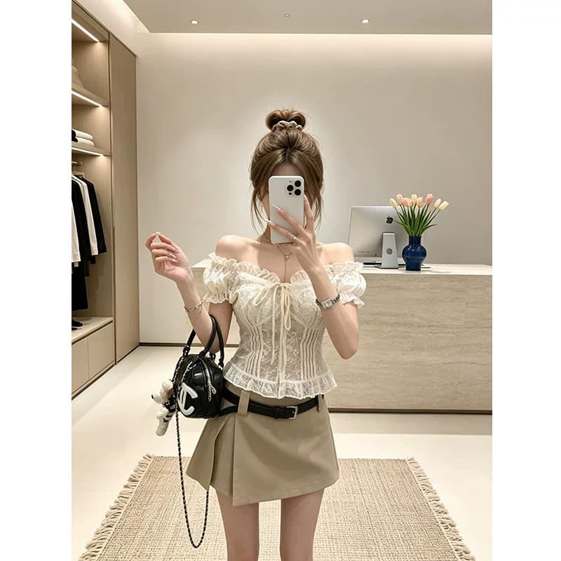 한 스타일 순수한 욕망 바람 오프숄더 거품 소매 레이스 셔츠 여성 여름 몸매 가꾸기 슬림해 보이는 섹시함 달콤함 스트랩 자수 맨위 이미지 5