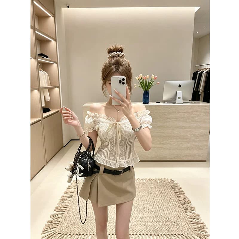 한 스타일 순수한 욕망 바람 오프숄더 거품 소매 레이스 셔츠 여성 여름 몸매 가꾸기 슬림해 보이는 섹시함 달콤함 스트랩 자수 맨위 상세 이미지 3