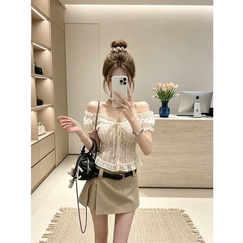 한 스타일 순수한 욕망 바람 오프숄더 거품 소매 레이스 셔츠 여성 여름 몸매 가꾸기 슬림해 보이는 섹시함 달콤함 스트랩 자수 맨위 상세 이미지 5