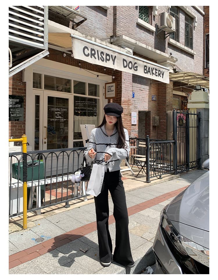 작은 키 새로운 회색 맨위 여성 디자인 센스 나비 매듭 달콤함 패치워크 오픈 가디건 스웨터 상세 이미지 3
