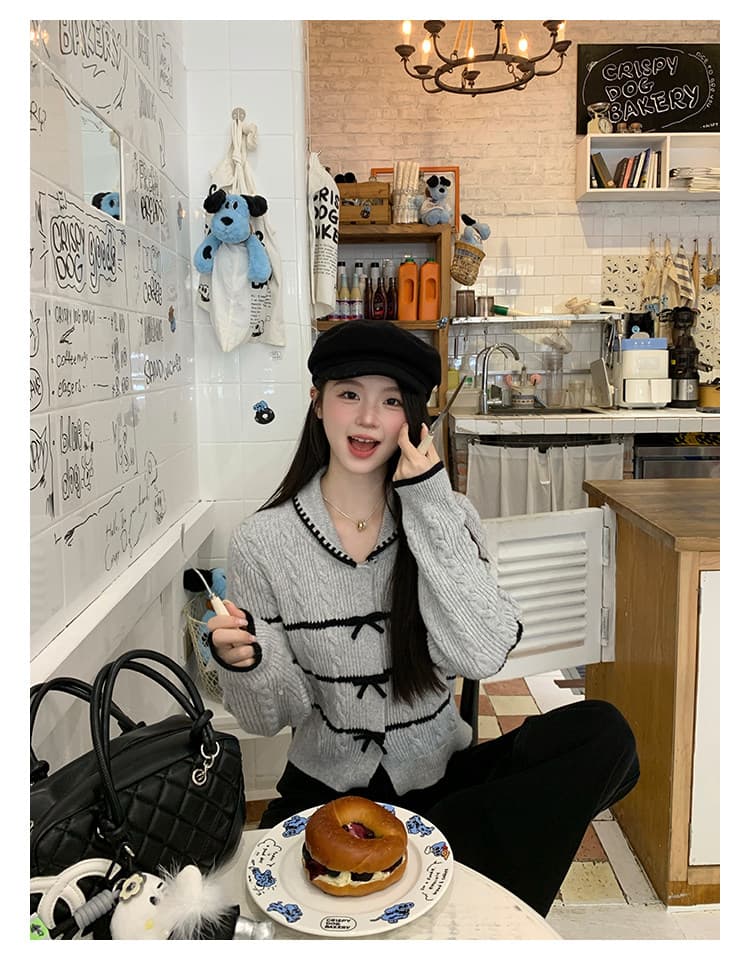 작은 키 새로운 회색 맨위 여성 디자인 센스 나비 매듭 달콤함 패치워크 오픈 가디건 스웨터 상세 이미지 4
