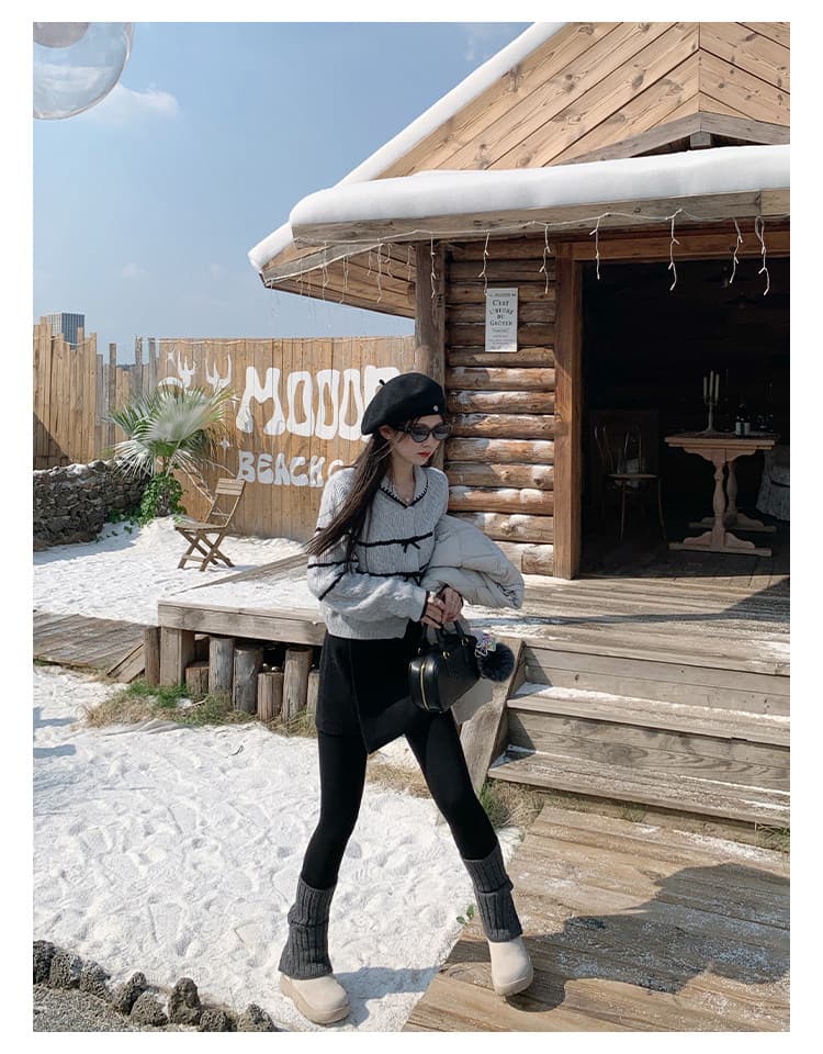 작은 키 새로운 회색 맨위 여성 디자인 센스 나비 매듭 달콤함 패치워크 오픈 가디건 스웨터 상세 이미지 11