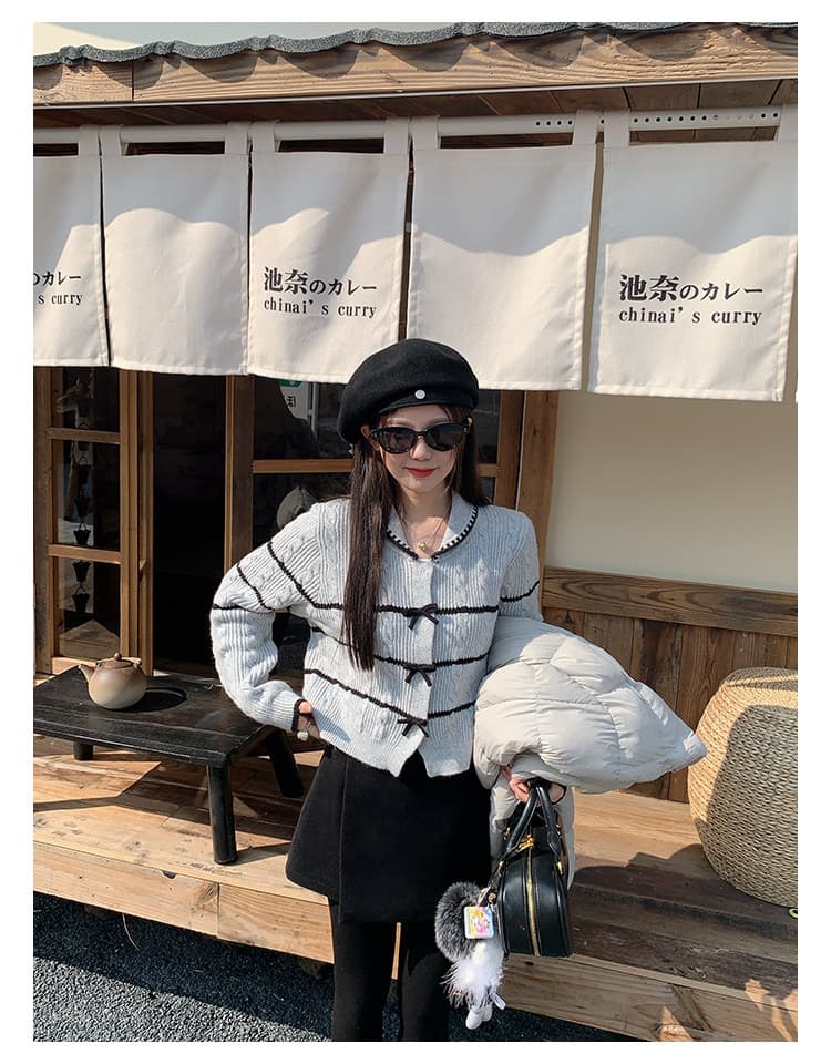 작은 키 새로운 회색 맨위 여성 디자인 센스 나비 매듭 달콤함 패치워크 오픈 가디건 스웨터 상세 이미지 12